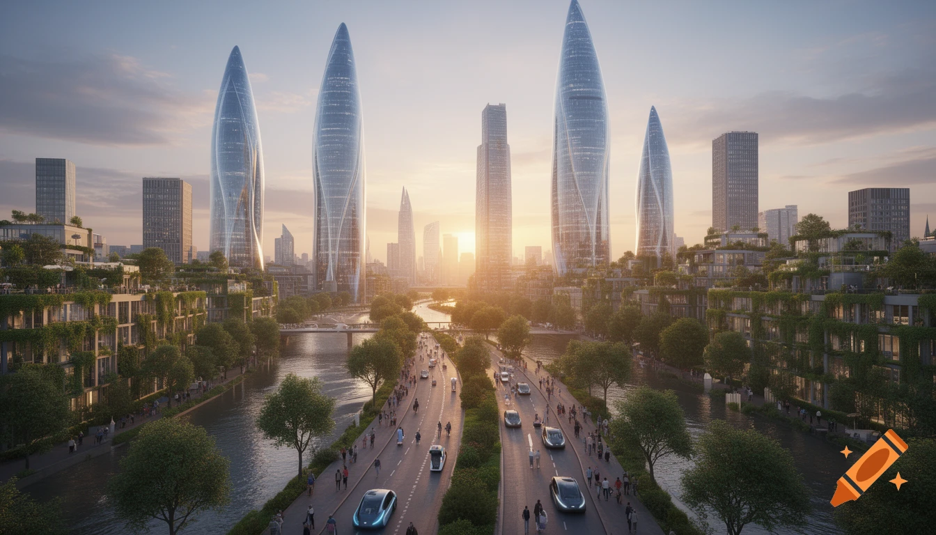 Photorealistic futuristic city at sunset with sleek skyscrapers, green buildings along a river, and busy roads with self-driving cars.