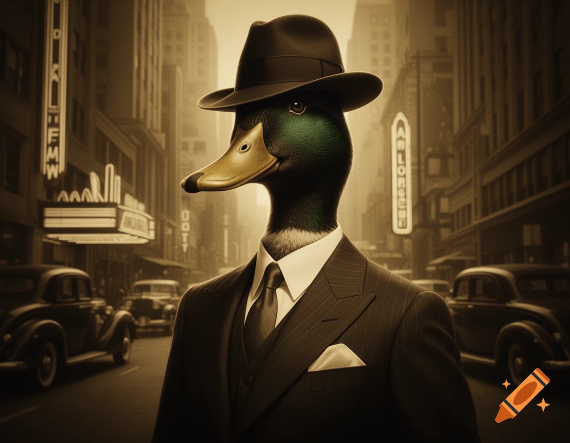 An anthropomorphic mallard duck in a pinstripe suit and fedora stands in a sepia-toned 1940s city street with classic cars and tall buildings.