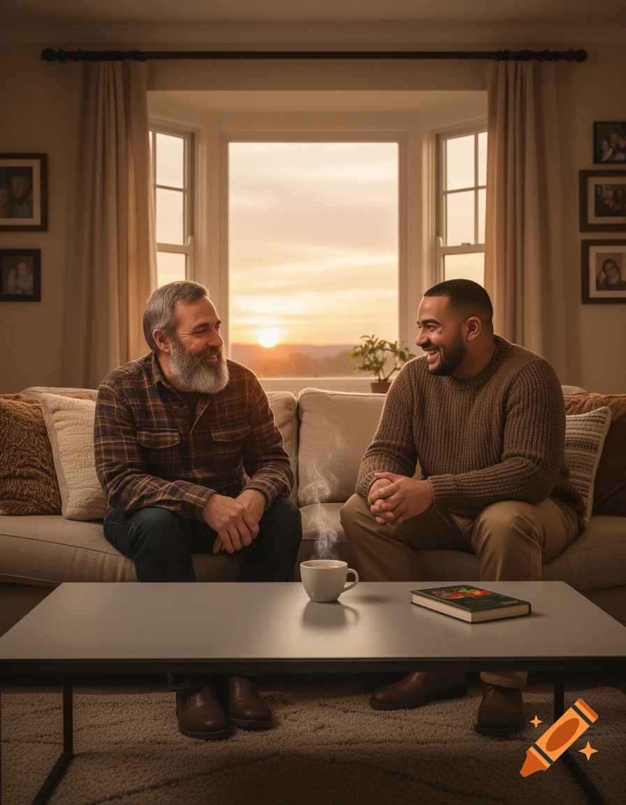 Two smiling men sit on a couch in a living room, conversing, with a bright sunset through the window. A coffee cup and book are on the table.