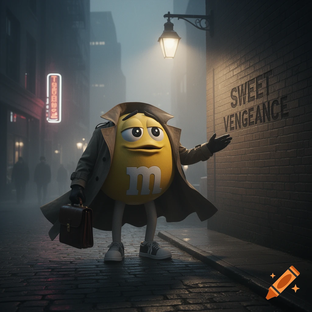 A yellow M&M character in a trench coat holds a briefcase in a dark, rainy alley, pointing at "SWEET VENGEANCE" on a brick wall.
