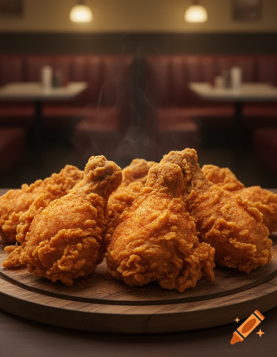 Hot, crispy fried chicken drumsticks on a wooden platter with steam rising, in a dimly lit restaurant.