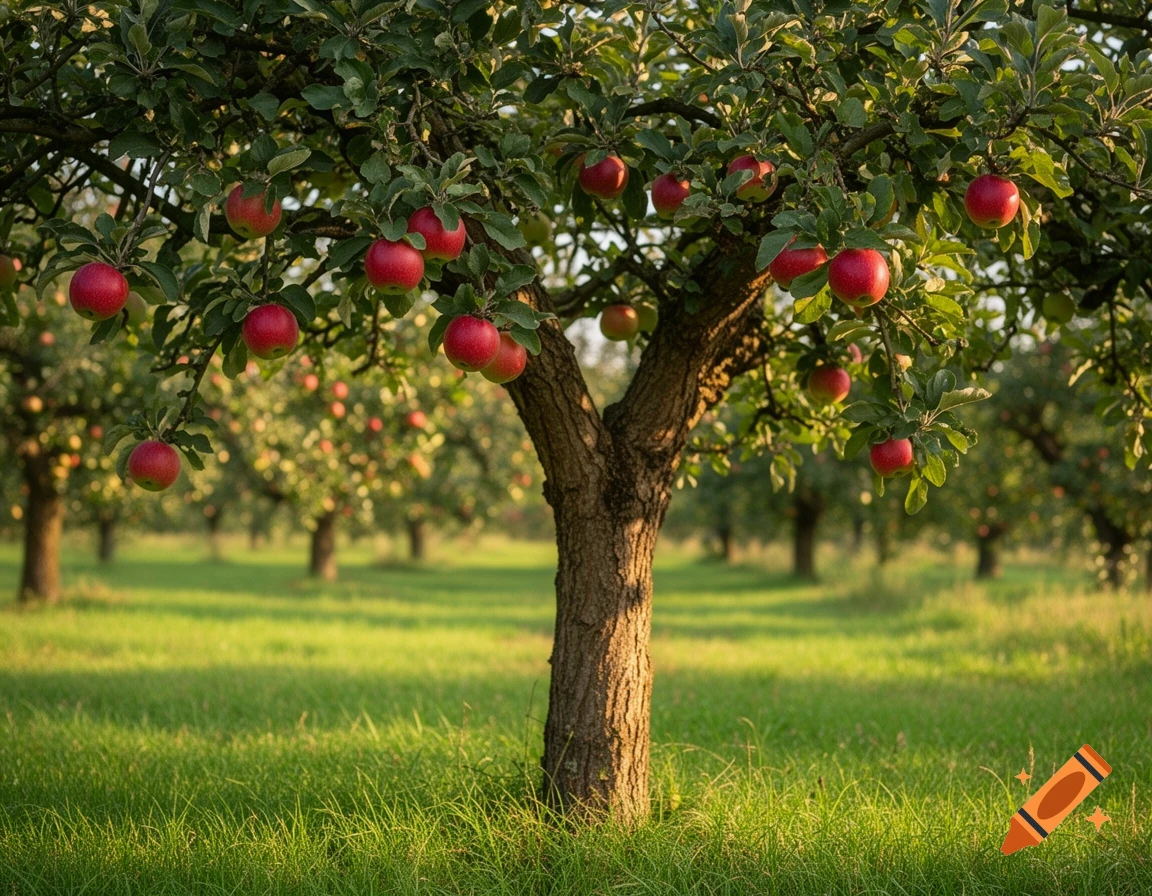 A vibrant apple tree laden with red apples in a sunny orchard, photorealistic.