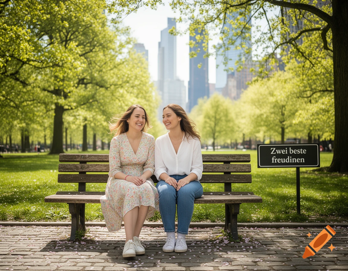 Two smiling women sit on a park bench, with green trees and city skyscrapers in the background.