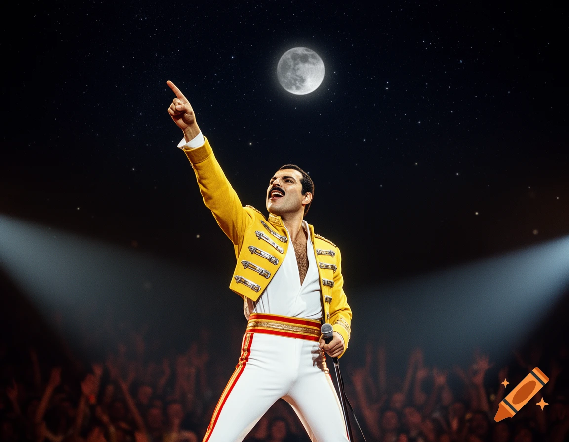 Freddie Mercury on stage in a yellow jacket and white pants, pointing one finger up towards a full moon in a starry night sky, with a blurred concert crowd below.
