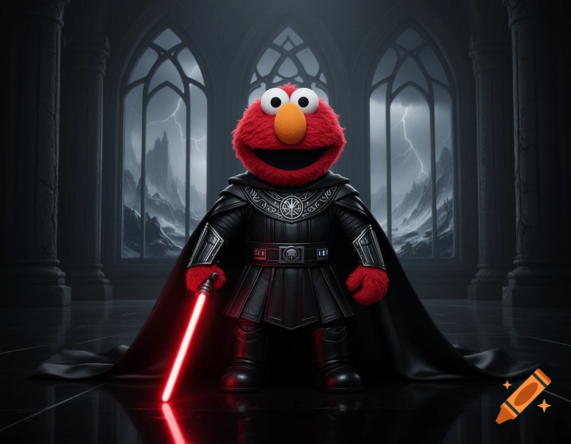 Elmo dressed as a Sith Lord with a red lightsaber stands in a dark gothic hall with arched windows and lightning outside.