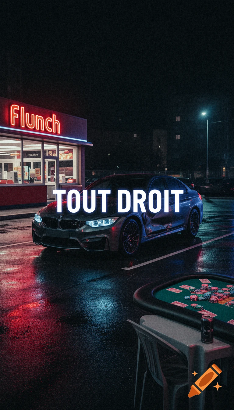 A grey BMW is parked on a wet street at night in front of a fast-food restaurant with a neon "Flunch" sign. A poker table with chips sits nearby. The text "TOUT DROIT" is overlaid in white. The scene is lit by red and blue neon reflections.