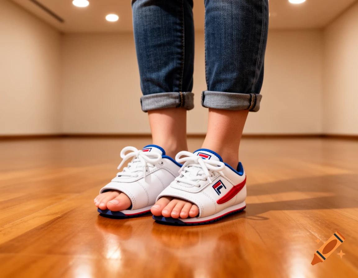 A person's legs in rolled-up jeans and white, too-small Fila sneakers with red and blue accents, standing on a wooden floor.