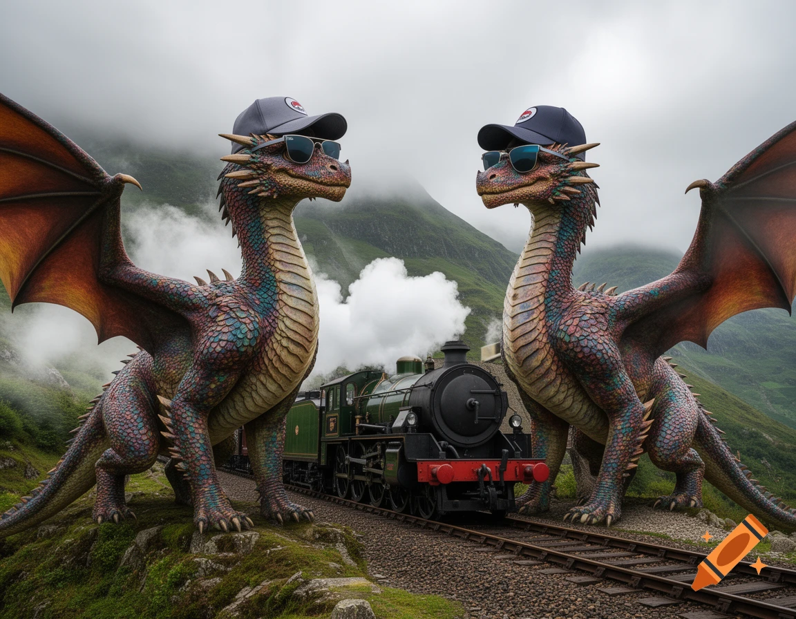 Two photorealistic dragons in sunglasses and caps stand by a steam train on tracks in misty, green mountains.
