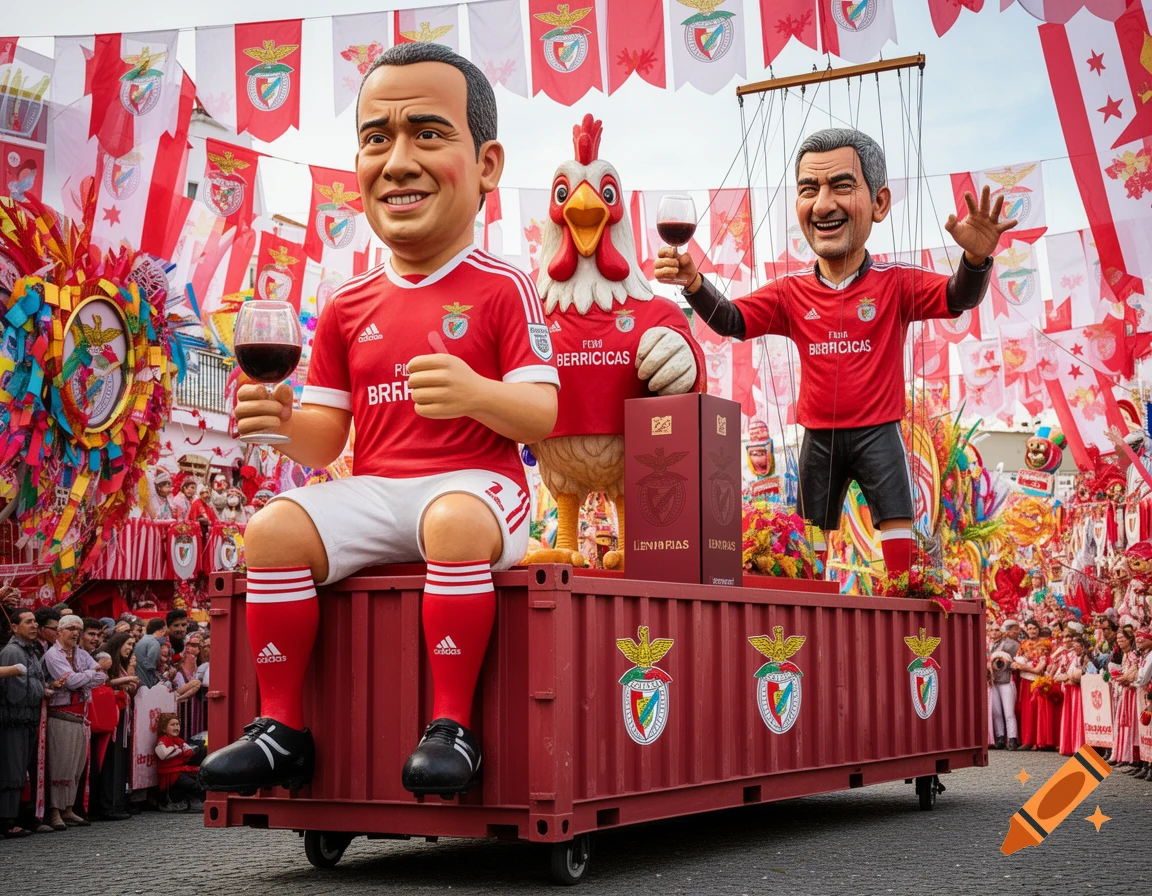 A parade float with giant caricatures of men and a chicken wearing red Benfica football kits, holding wine glasses, amidst a festive crowd under red and white flags.