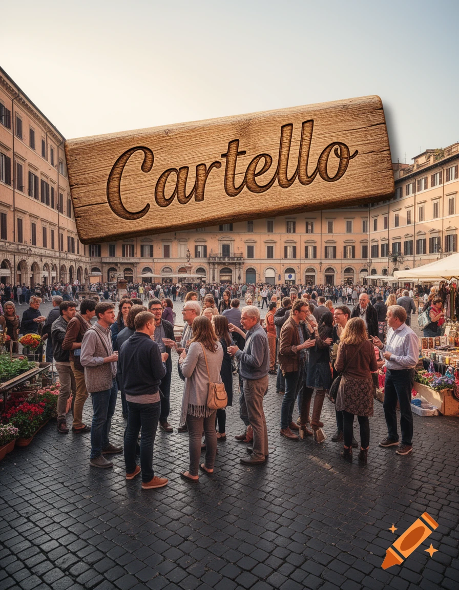A large crowd of people gathers in a cobbled city plaza with buildings surrounding it, a large wooden sign with "Cartello" is visible.