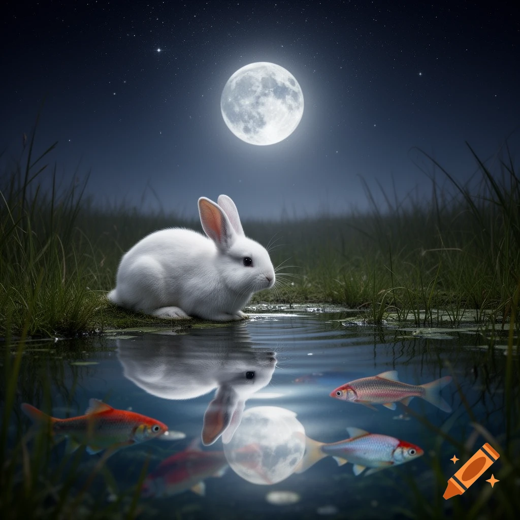 A white rabbit sits beside a pond at night, under a full moon, with fish swimming in the water.