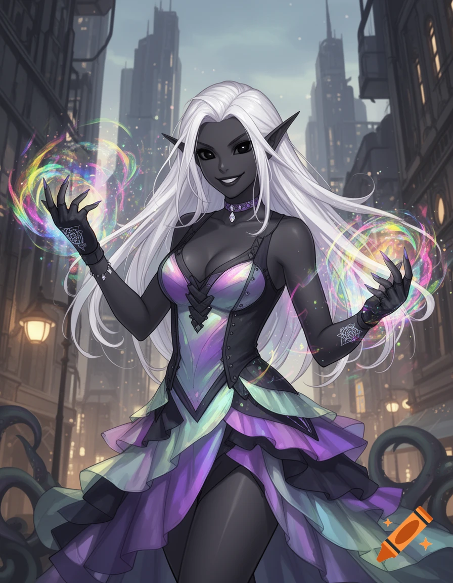 Anime Drow elf with white hair, obsidian skin, smirking, in an iridescent dress, casting a prismatic spell in an urban fantasy setting.