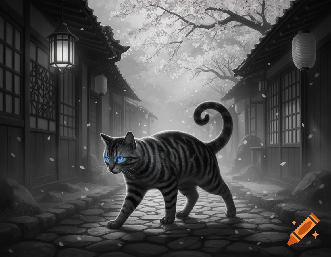 A striped bakeneko cat with glowing blue eyes walks on a cobblestone street in a black and white Japanese village with falling cherry blossoms.