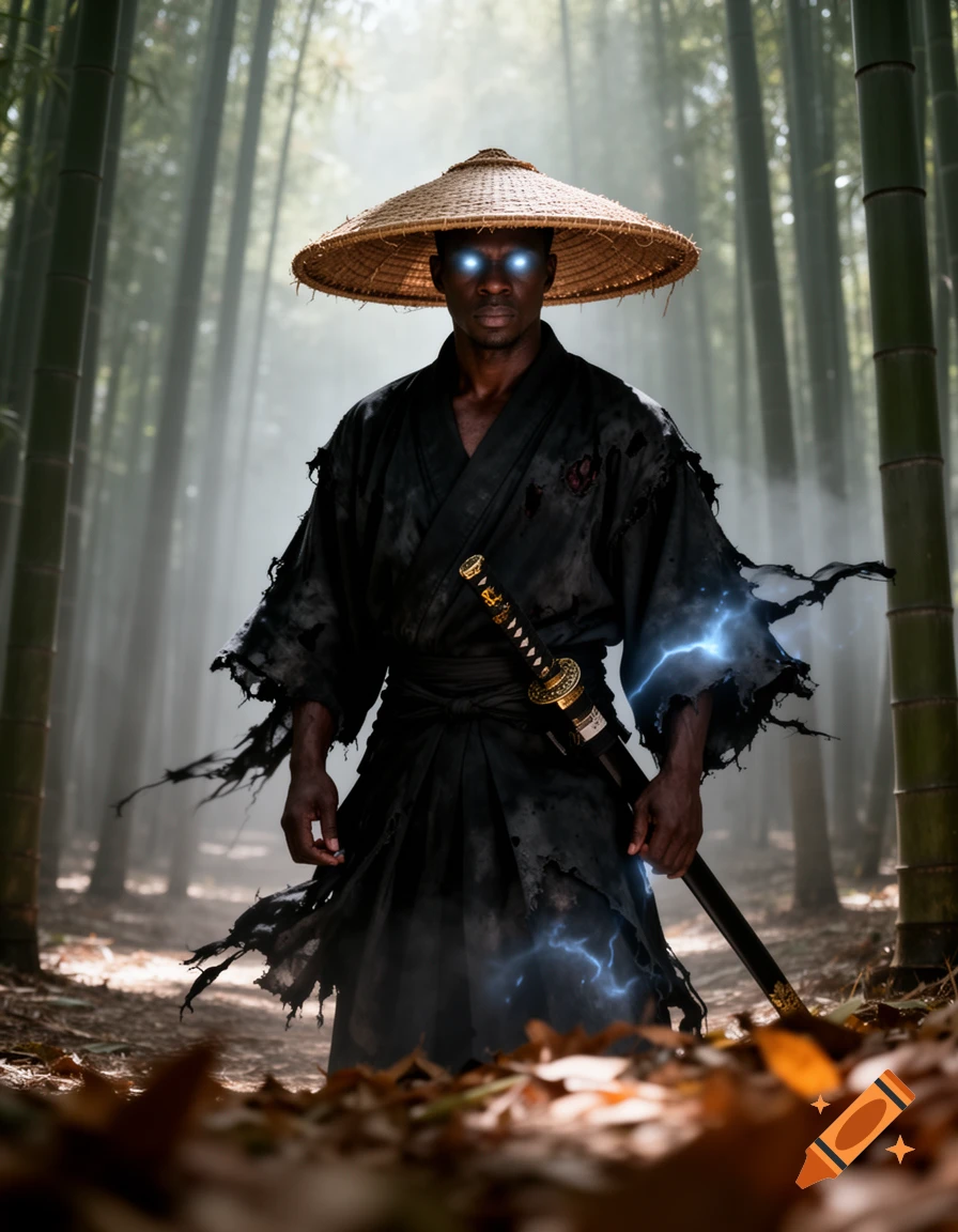 Photorealistic fantasy art of an African American ronin with glowing blue eyes, tattered black robe, straw hat, and katana, standing in a misty bamboo forest.