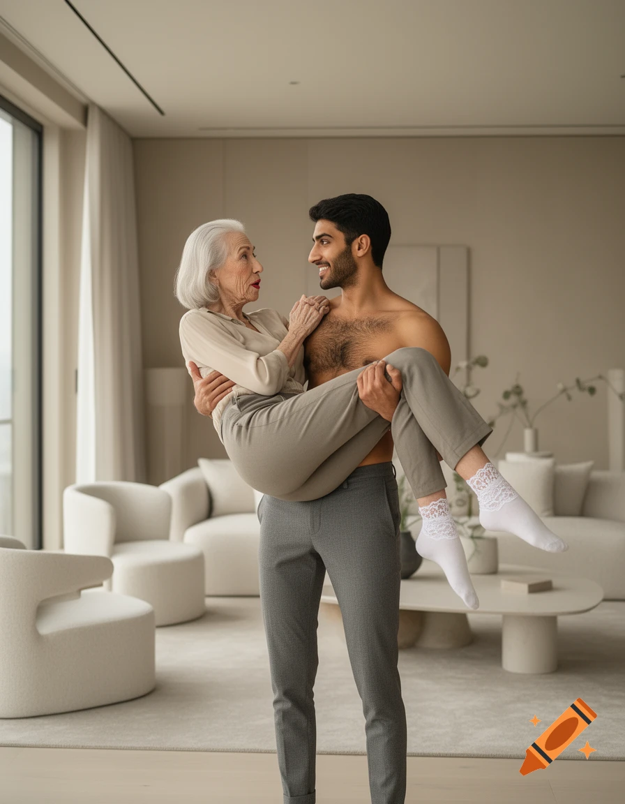 A young, shirtless man smiling while carrying an older woman with white hair, who looks surprised, in a modern living room.