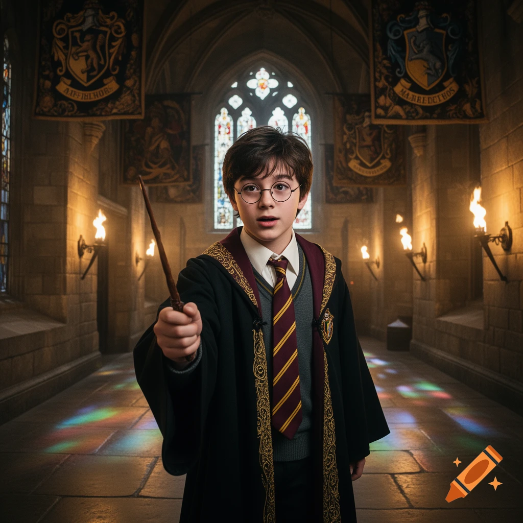 A child in Harry Potter robes and glasses holds a wand in a gothic castle corridor with house banners.