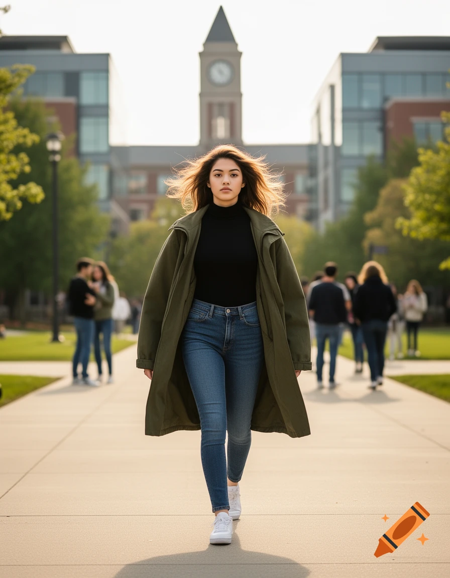A young woman in a black turtleneck, olive green coat, blue jeans, and white sneakers walks on a college campus path.