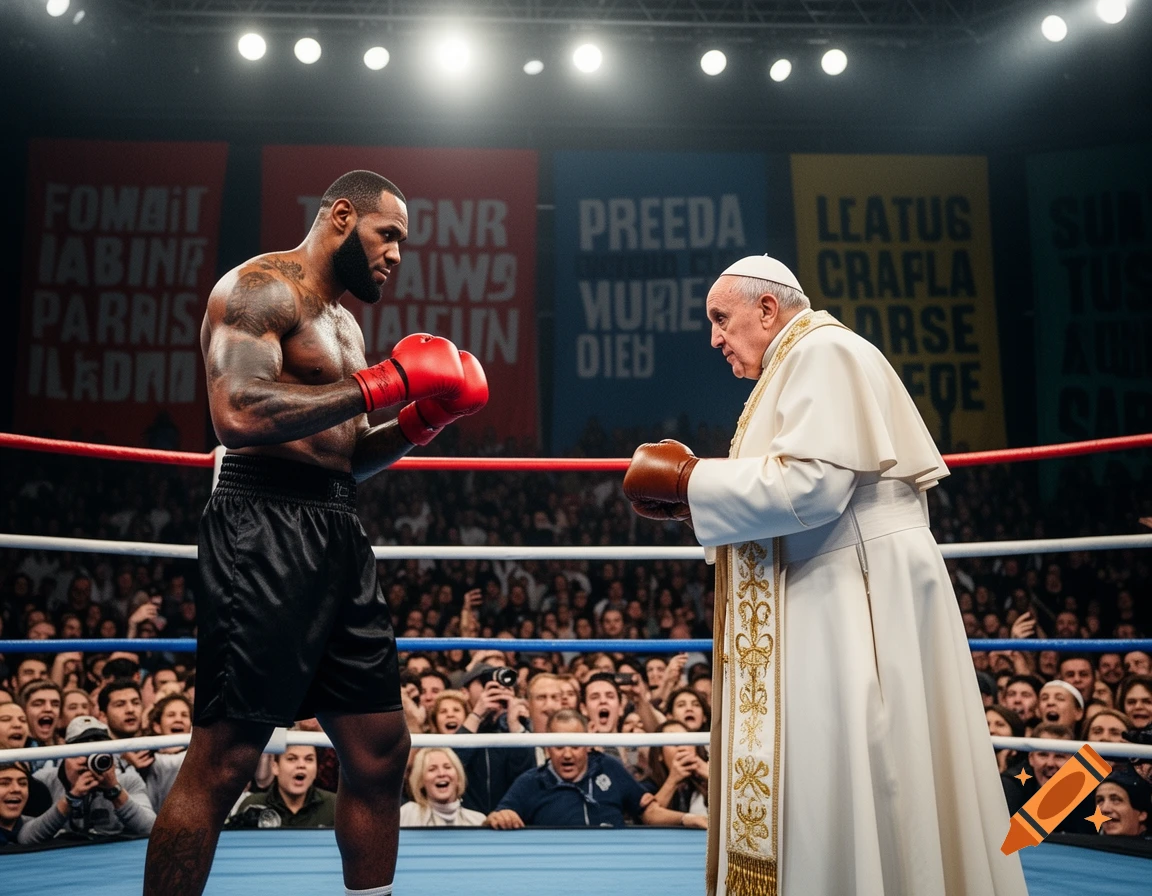 LeBron James in boxing gear and Pope Francis in robes and gloves face off in a boxing ring before a cheering crowd.