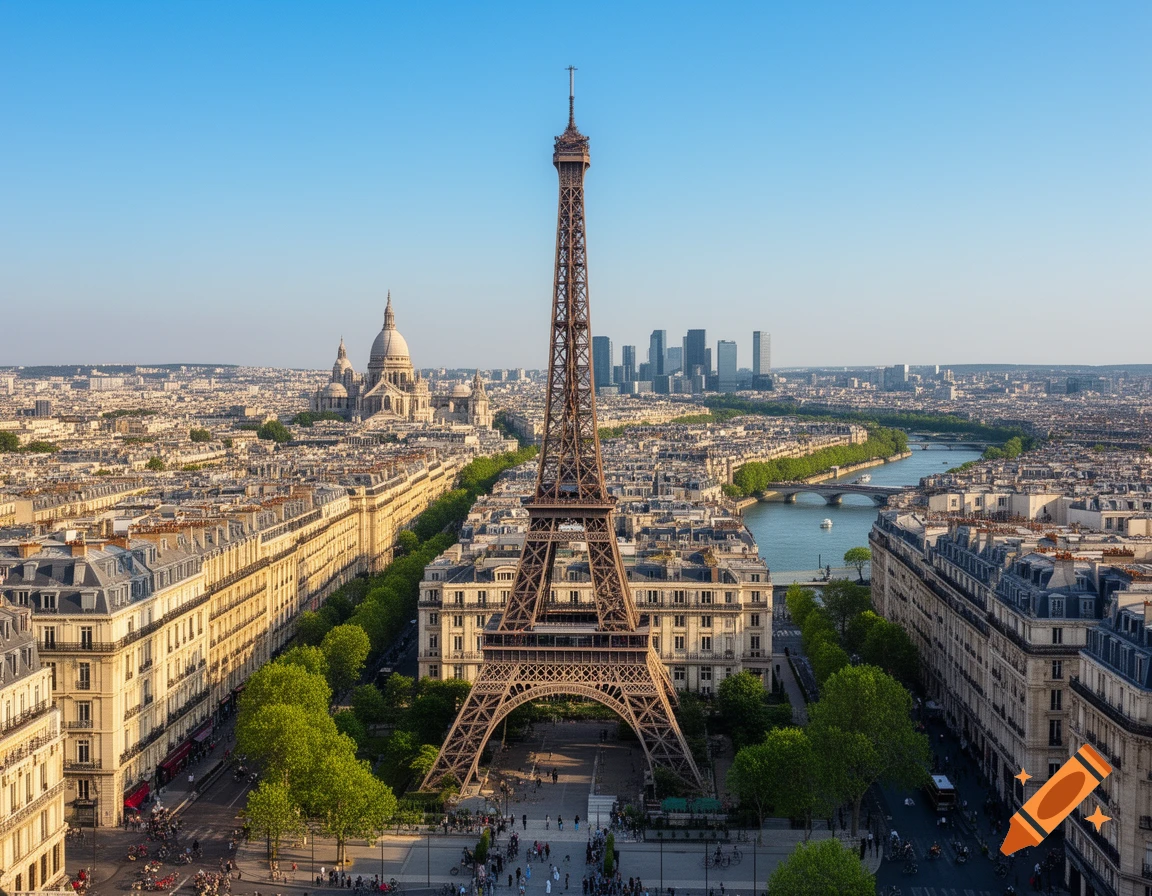 An aerial view of the Eiffel Tower in Paris, surrounded by city buildings and a river under a clear blue sky.