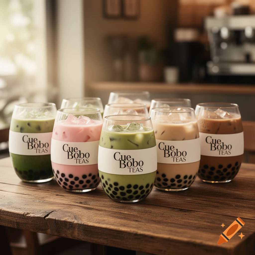 Multiple photorealistic glasses of boba tea in various colors on a wooden table with a blurred cafe background.