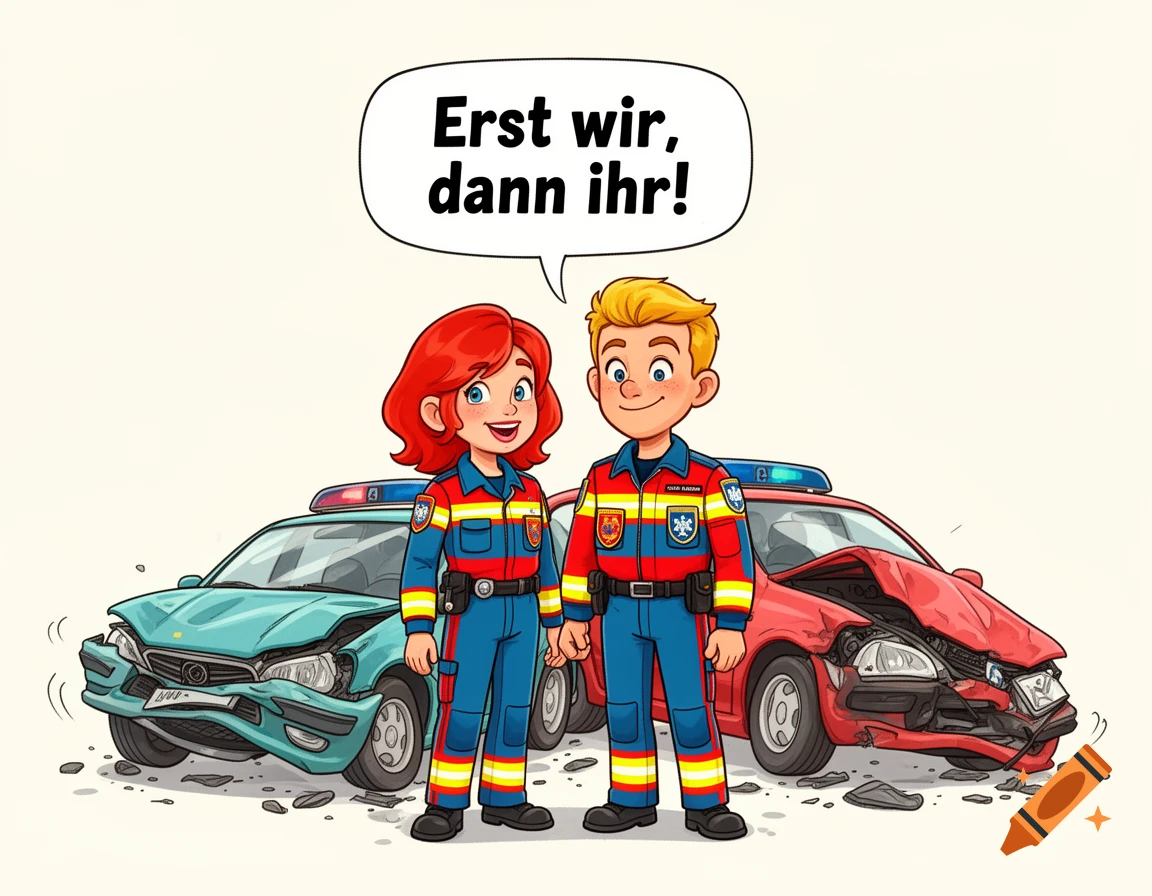 Two cartoon paramedics, a woman and a man, stand smiling between two crashed cars, with a speech bubble saying 'Erst wir, dann ihr!'