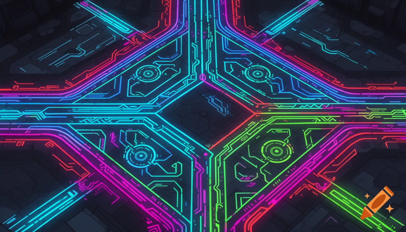 A top-down view of a dark tech-textured surface with a glowing neon circuit board pattern in electric blue, magenta, and green.