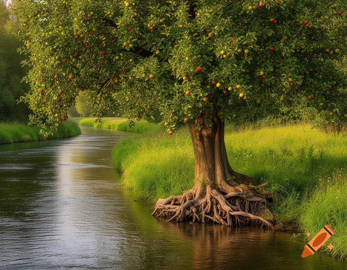 A lush apple tree with exposed roots stands by a winding river, surrounded by vibrant green grass.