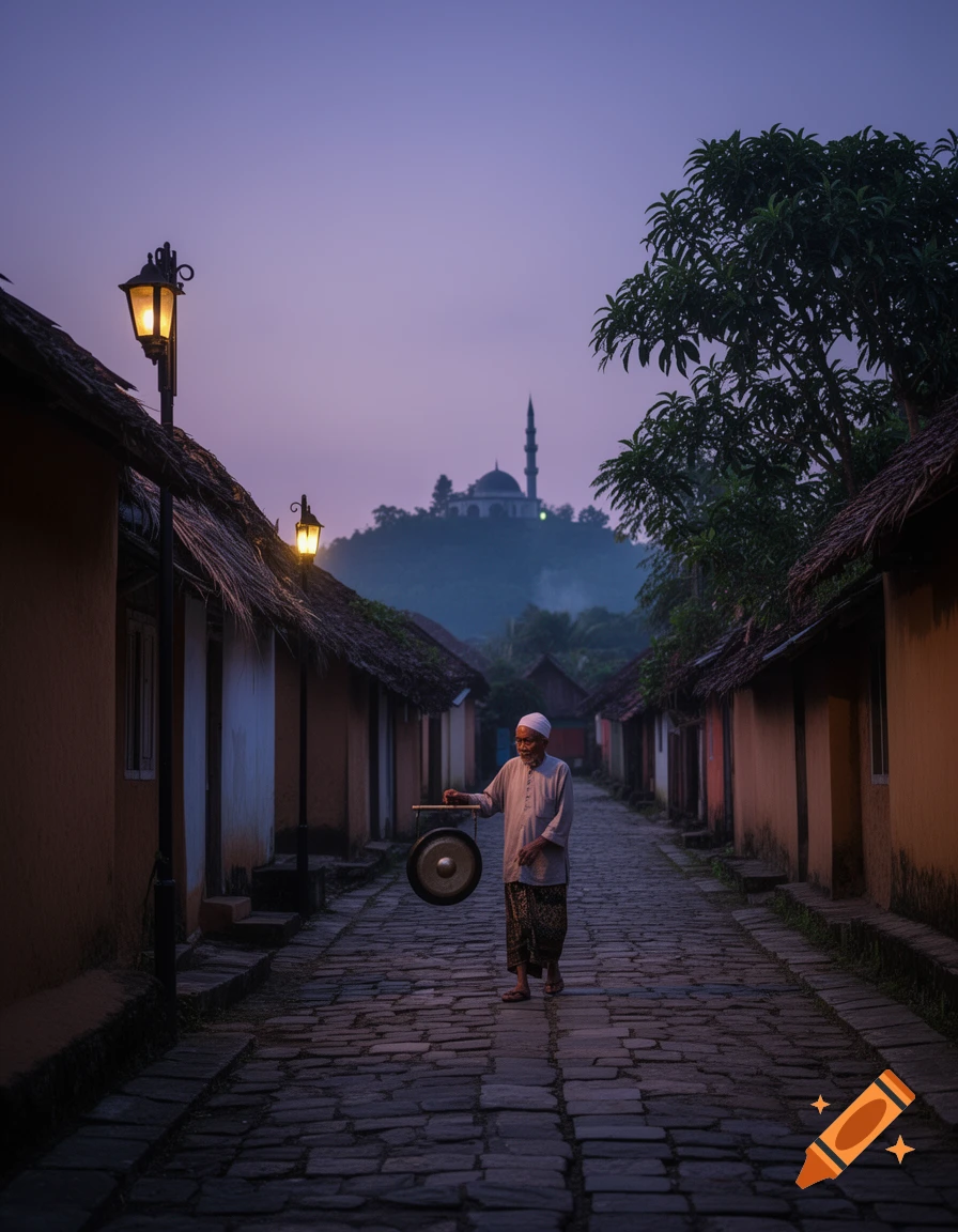 Man in traditional attire walks down a cobblestone street at dusk, carrying a gong, with a mosque on a distant hill.