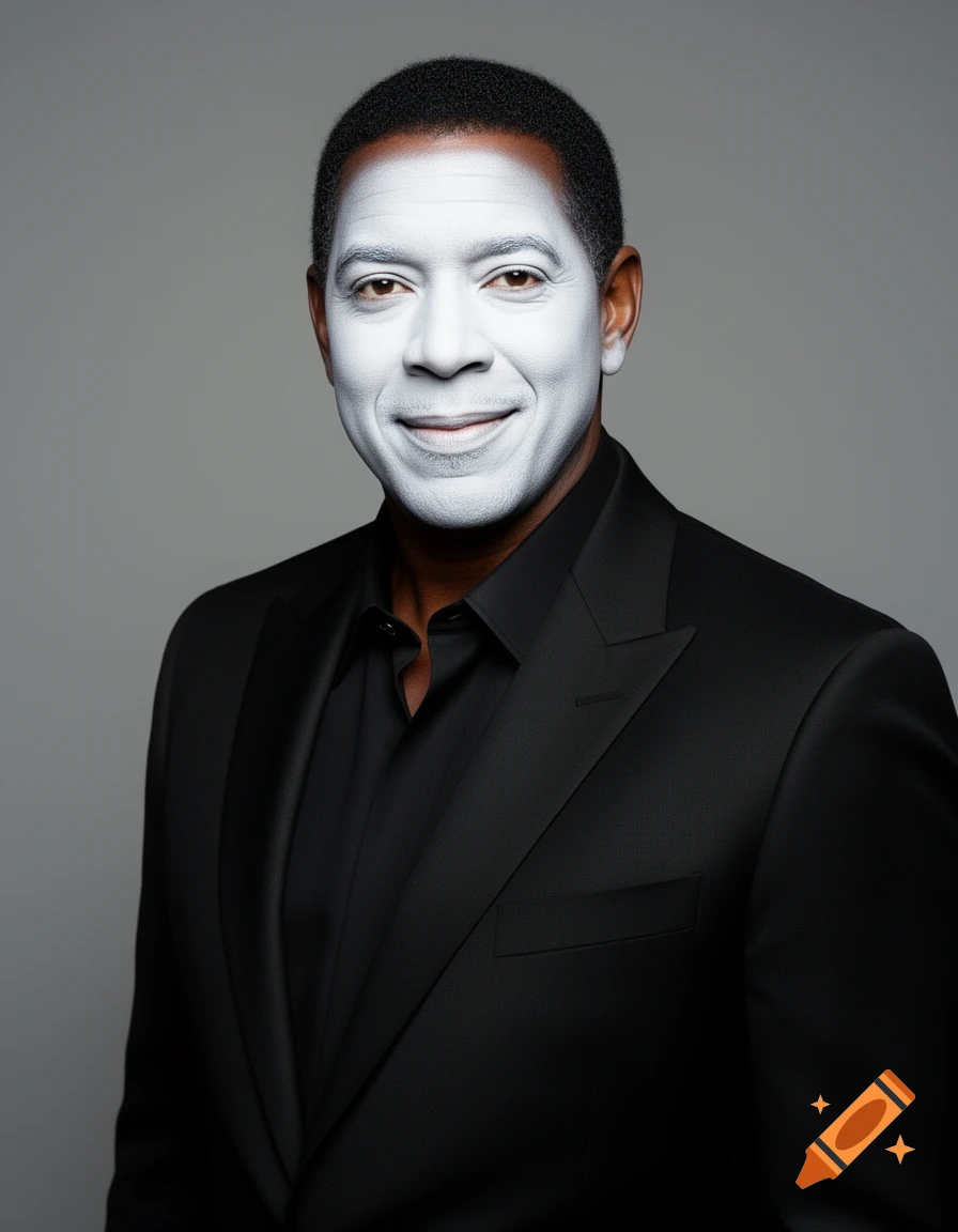 Denzel Washington smiles at the camera, his face painted white in a mime-like style, wearing a black suit against a gray background.