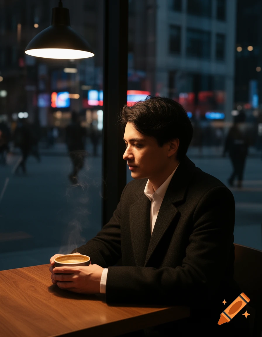 A man in a black coat sits in a cafe, holding a steaming coffee cup, looking out at a city street at night. Photorealistic.
