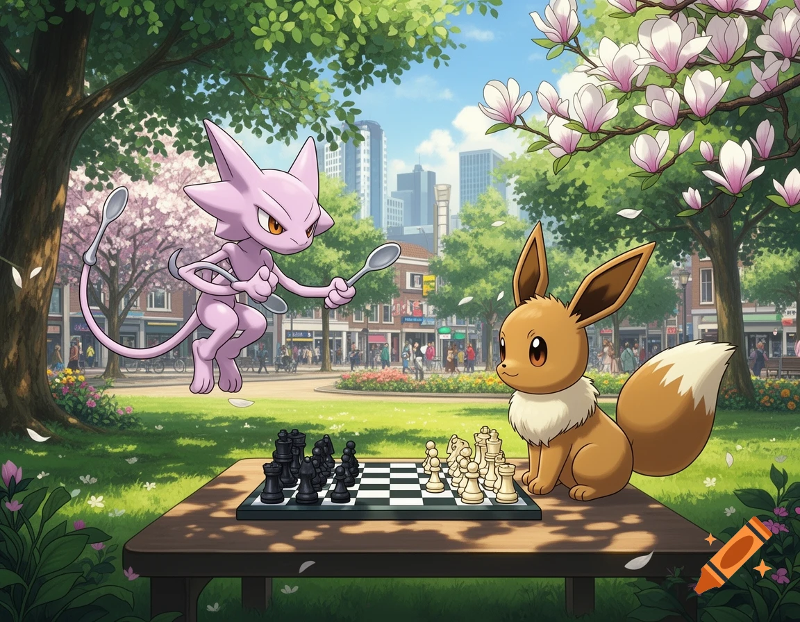 Mewtwo and Eevee play chess on a wooden table in a park with a city skyline in the background.