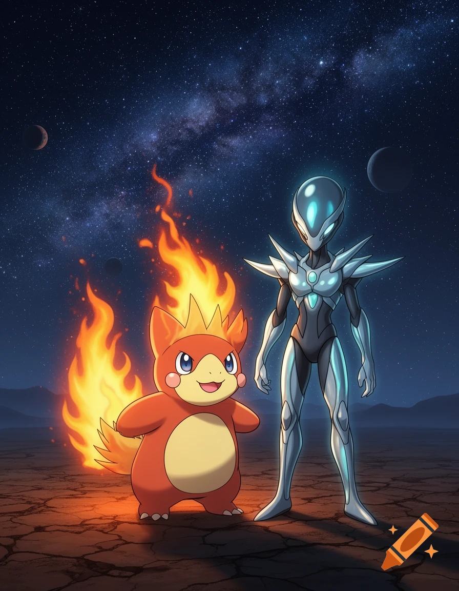 A cute orange fire creature stands with a tall, silver alien on a cracked planet under a starry night sky.