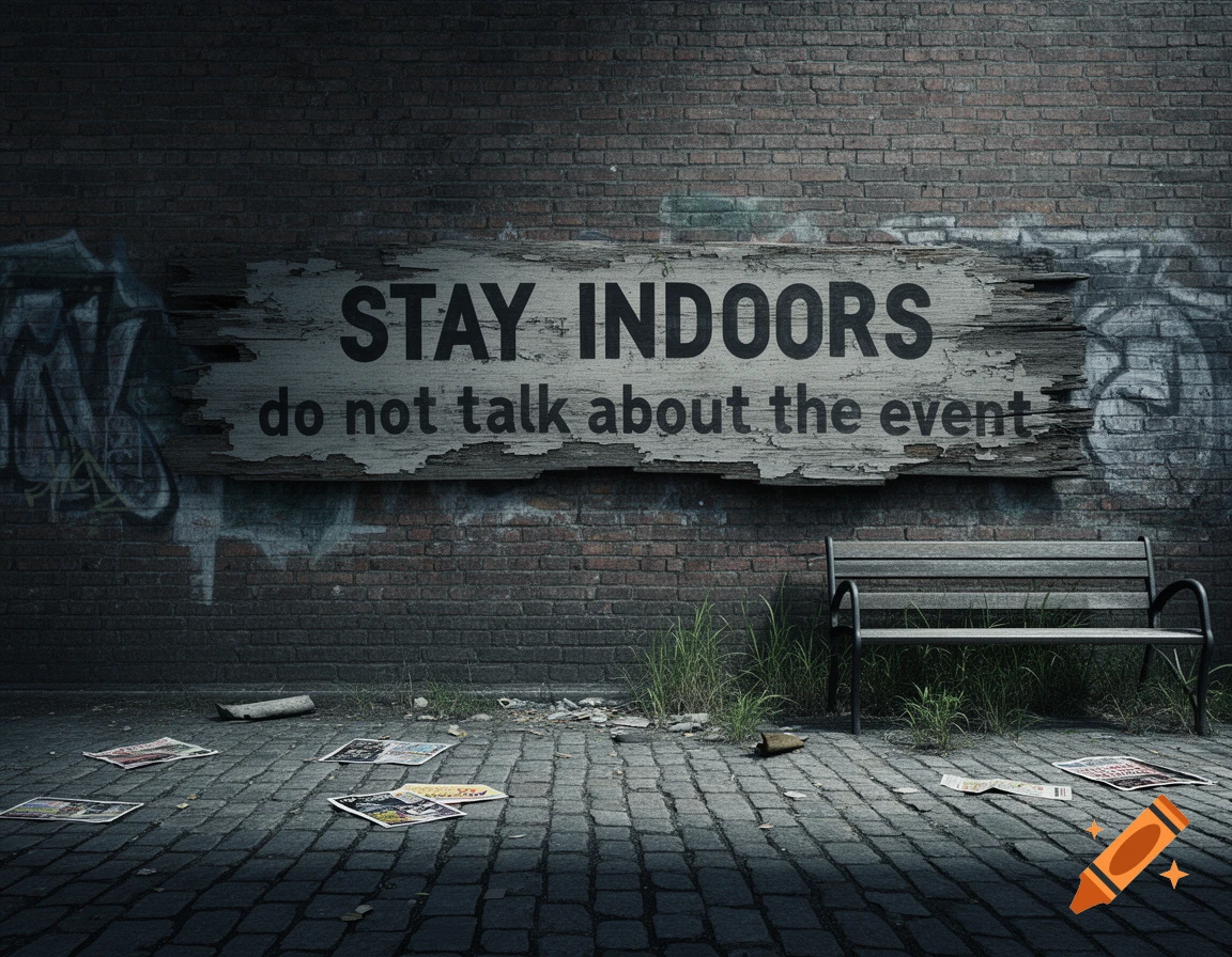 A weathered sign on a dark brick wall reads 'STAY INDOORS do not talk about the event'. A bench and newspapers are on the cobblestone ground.