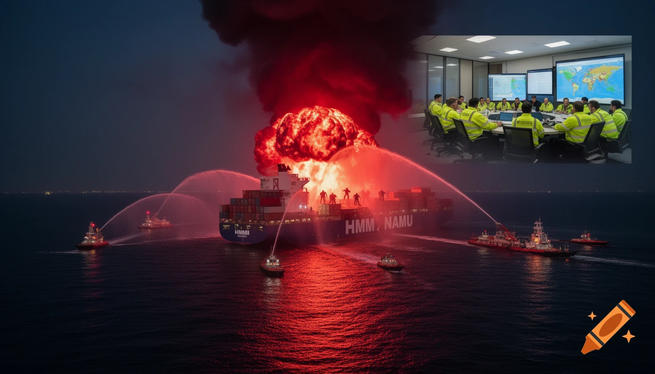 An exploding container ship at sea at night with fire and smoke, surrounded by fire boats. An inset shows people in a control room.
