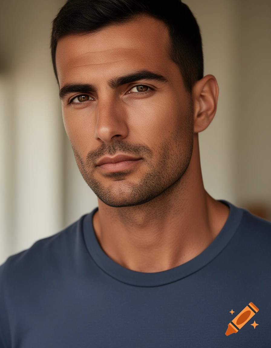 Close-up portrait of a dark-haired man with a short beard, wearing a blue t-shirt.
