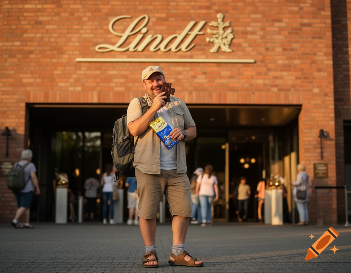 A smiling man wearing a cap, backpack, shorts, and sandals holds a Lindt chocolate bar in front of a Lindt chocolate factory.