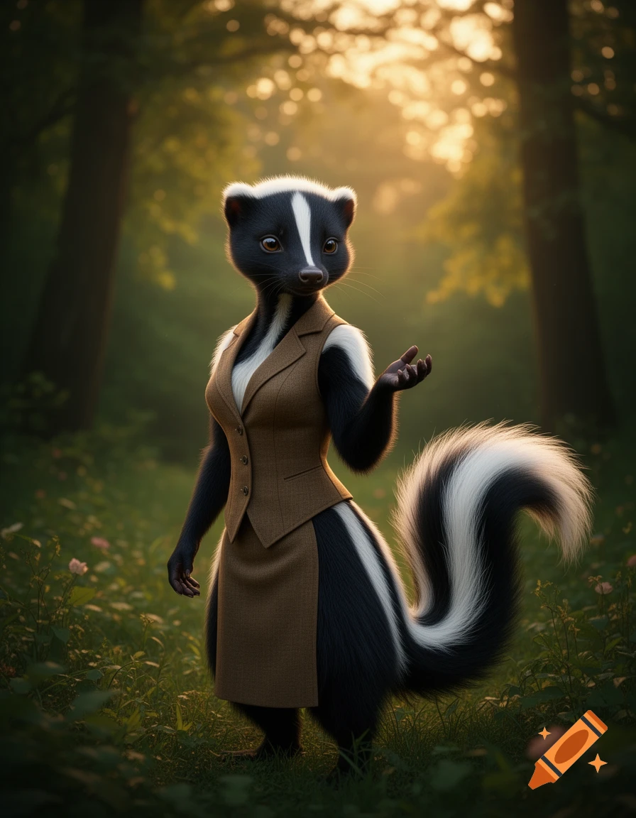 An anthropomorphic skunk in a brown vest and skirt stands in a sunlit forest, with one hand raised.