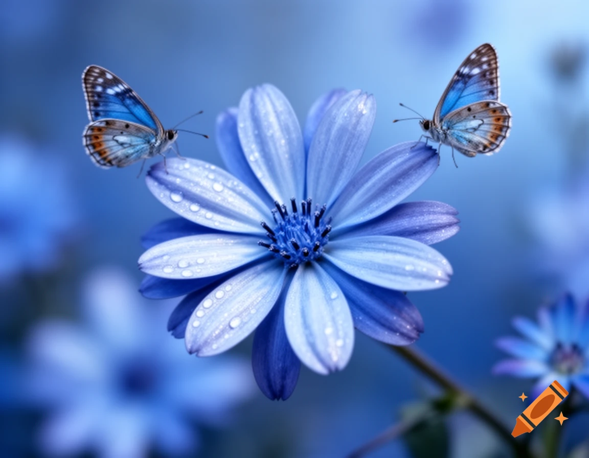 A close-up of two blue butterflies with orange accents perched on a vibrant blue flower covered in water droplets, against a soft blue background.