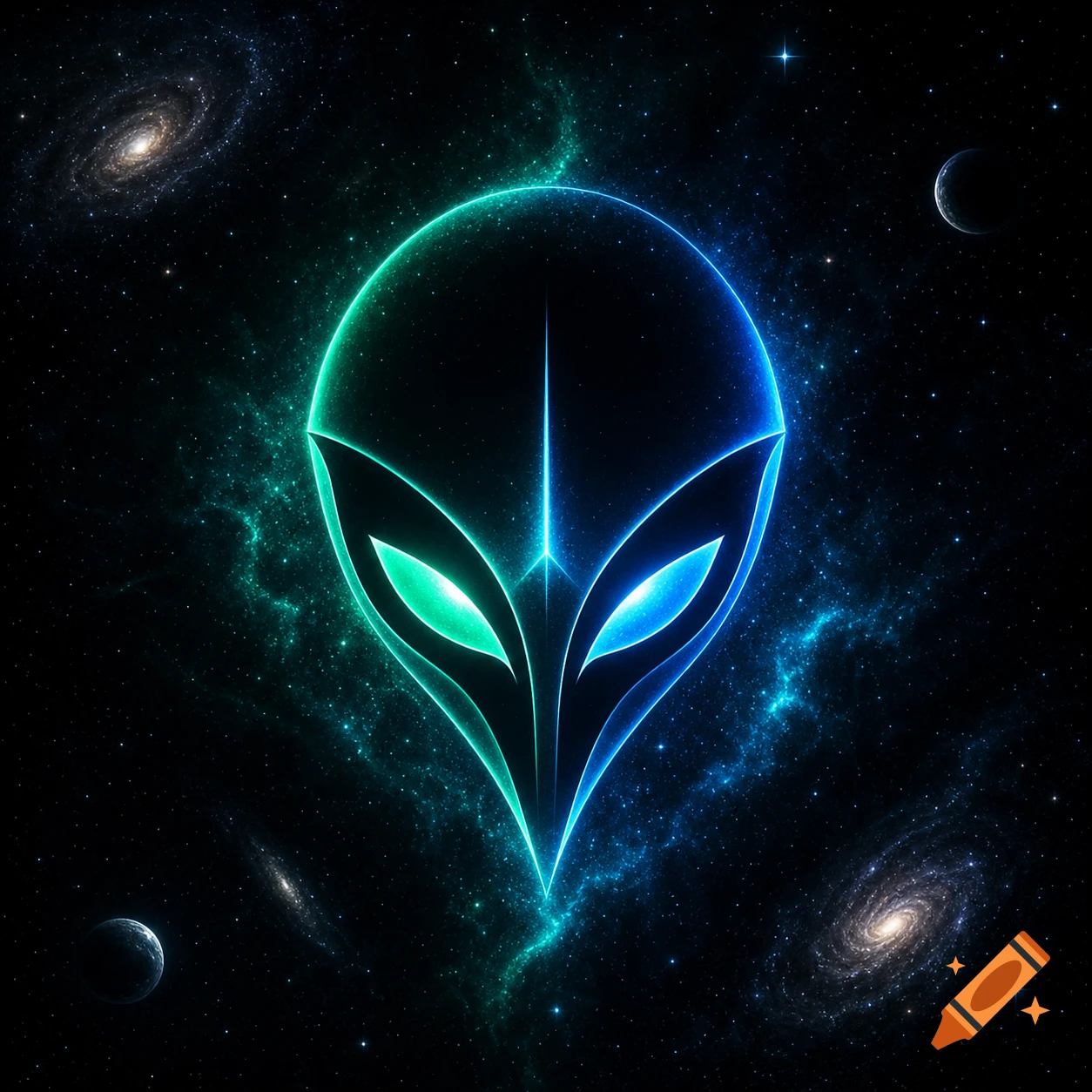 A glowing teal and blue abstract alien head logo against a dark starry space background with galaxies and planets.