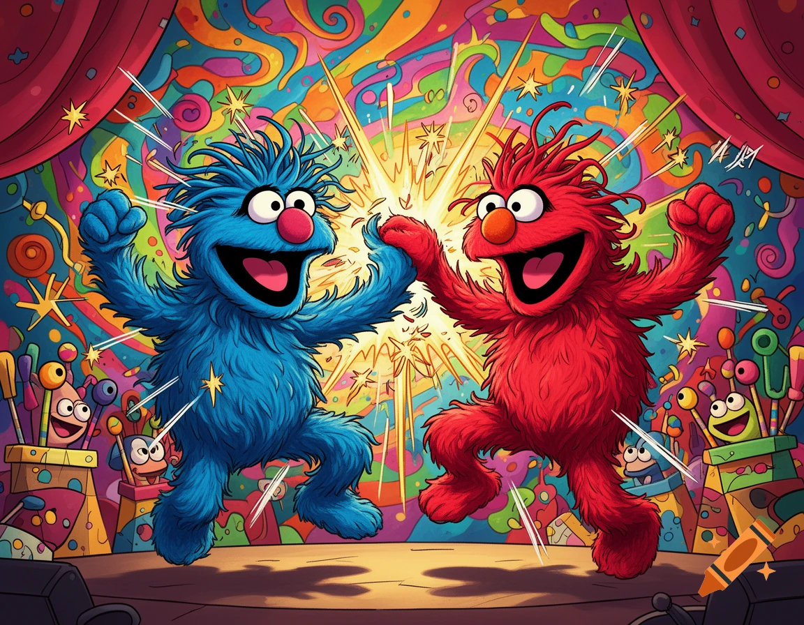 A vibrant cartoon of a blue and a red furry monster dancing energetically on a colorful, psychedelic stage with sparkling lights.