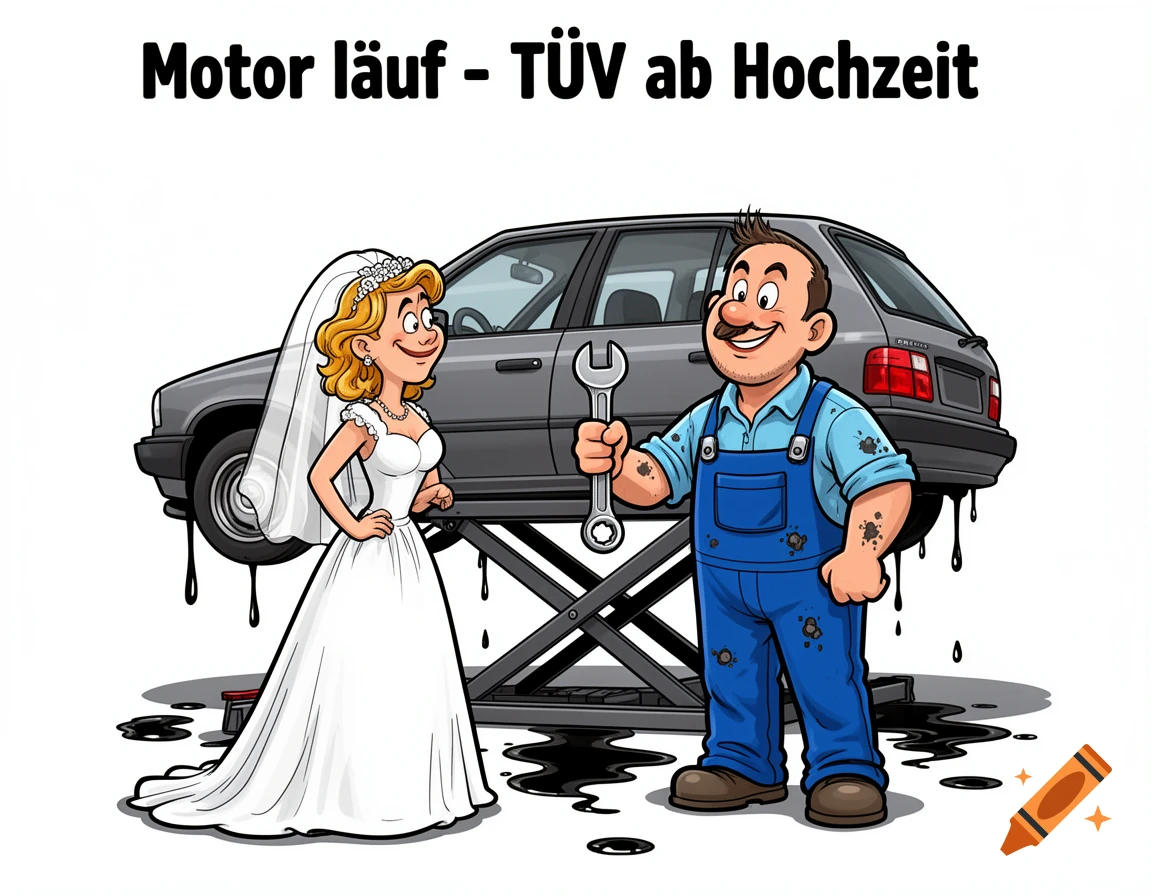 Humorous cartoon of a bride and mechanic with a car on a lift, with text "Motor lauf - T V ab Hochzeit".
