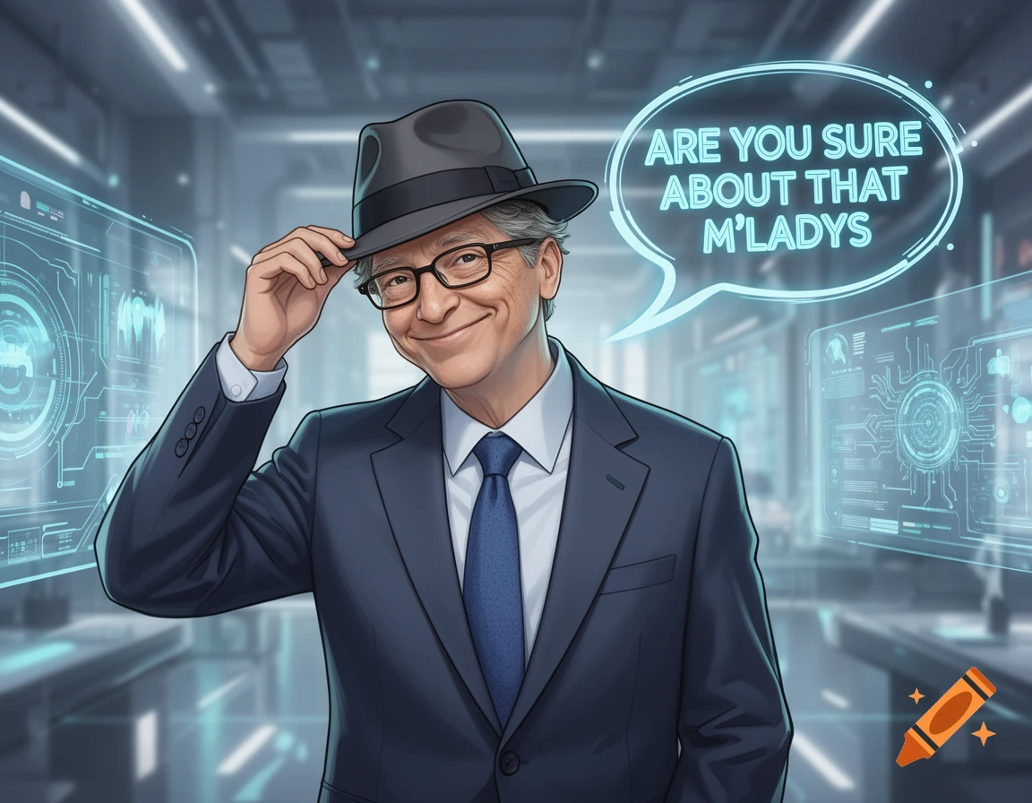 Cartoon Bill Gates in a suit and fedora, winking and tipping his hat in a tech lab. A speech bubble reads, 'ARE YOU SURE ABOUT THAT M'LADYS'.