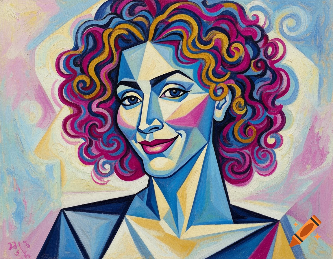 Colorful cubist painting of a woman with curly pink, yellow, and blue hair, blue eyes, and red lips, smiling slightly.