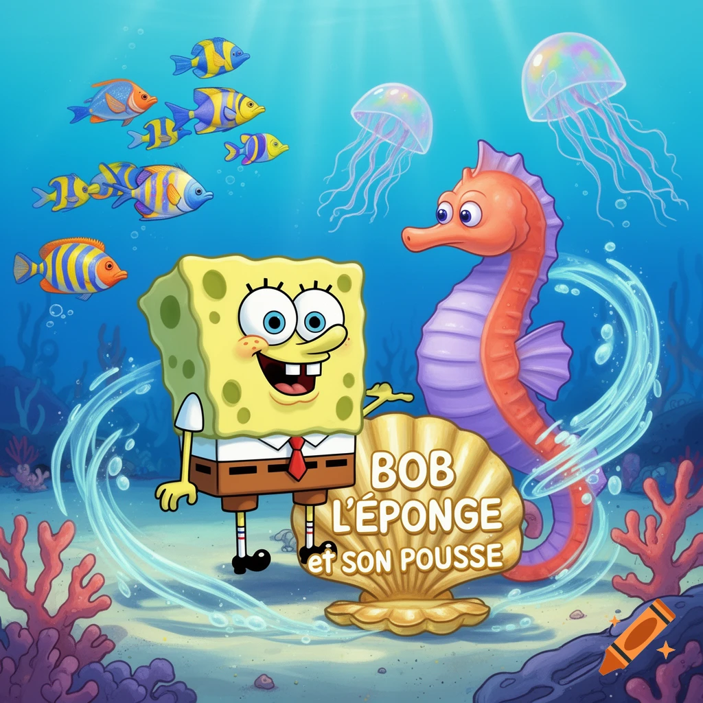 Spongebob Squarepants and a seahorse underwater, surrounded by fish and jellyfish. Text on a shell reads "BOB L'ÉPONGE et SON POUSSE".