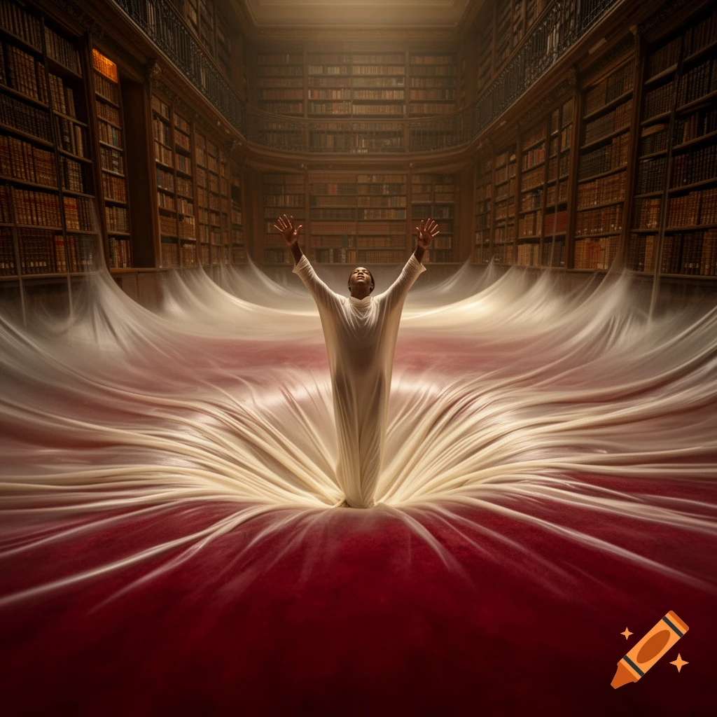 A person in a white robe, arms raised, emerges from a red carpet stretching like white fabric in a grand library, photorealistic.