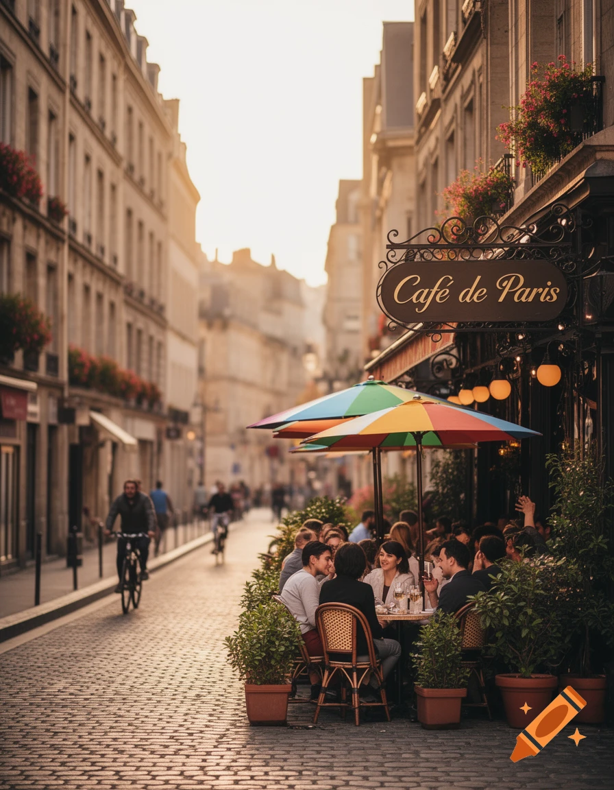 A warm sunset lights a Parisian cobblestone street scene with people dining at an outdoor cafe under colorful umbrellas, surrounded by historic buildings.
