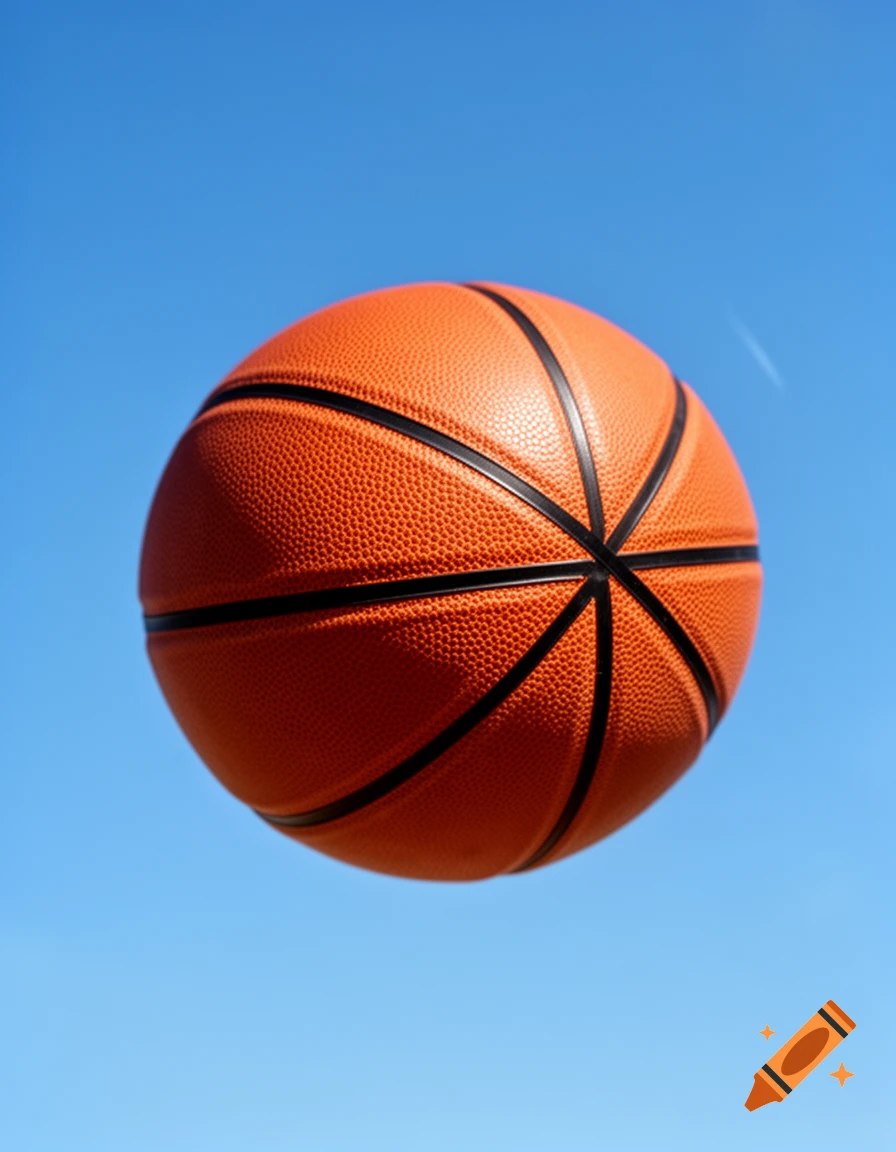 An orange basketball with black seams floats against a clear blue sky.
