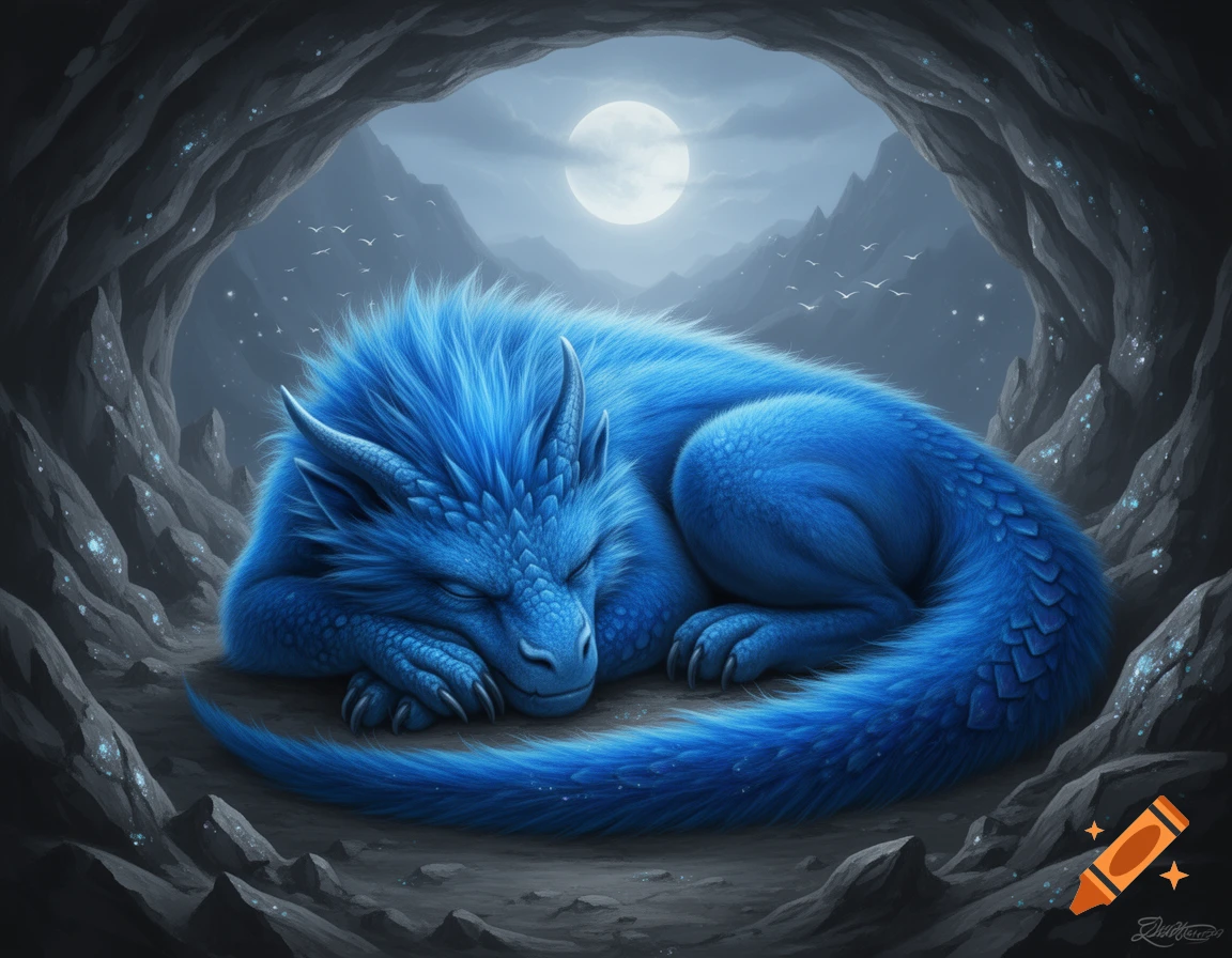A fluffy blue dragon sleeping peacefully inside a dark cave, with a full moon and mountains visible outside.