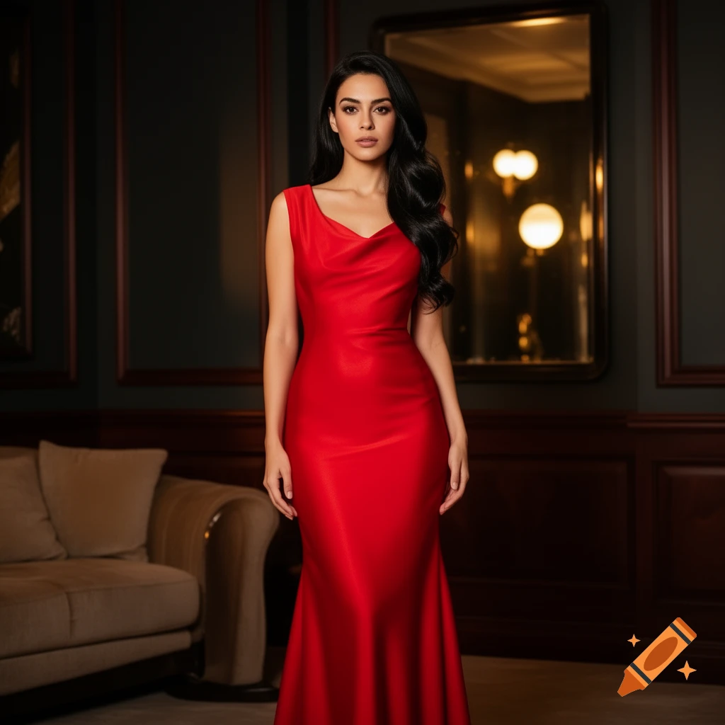A woman in a red floor-length dress stands in an elegantly decorated room.