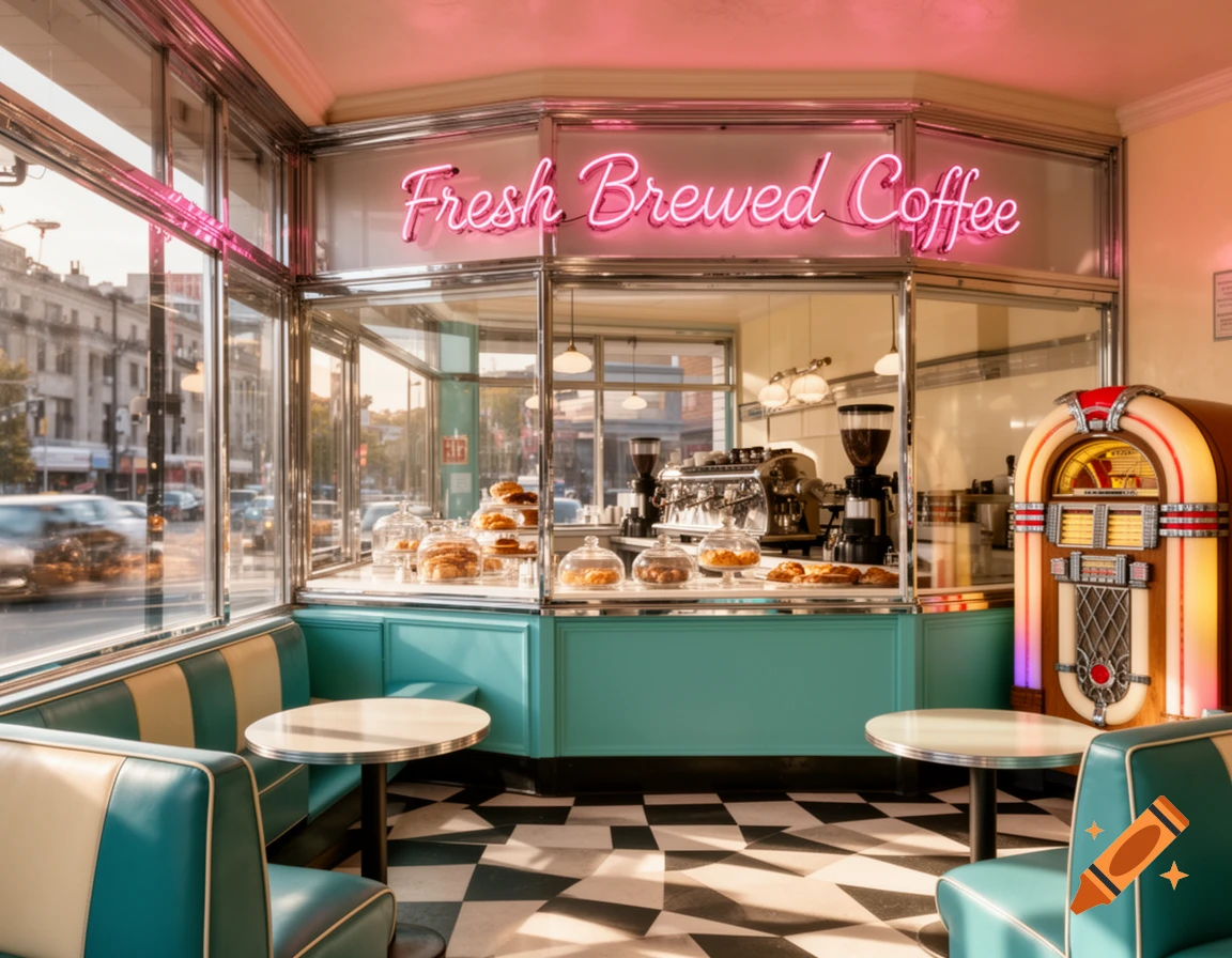 A photorealistic interior of a retro coffee shop with teal booths, a checkered floor, a neon sign for 'Fresh Brewed Coffee', and a jukebox.